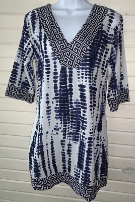 Túnica cipreste tamanho pequeno azul branca tingida 100% algodão artística gola V em excelente estado usado - Imagem 1 de 4