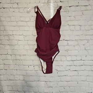 Nwt Charmo Women's Maroon V Neck Ruched Tummy Control 1pc Bathing Suit Sz Med - Picture 1 of 11