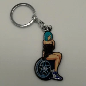 Blue Hair Anime Girl on Tire JDM Double-Sided Metallic Keychain * FREE SHIPPING - Picture 1 of 2