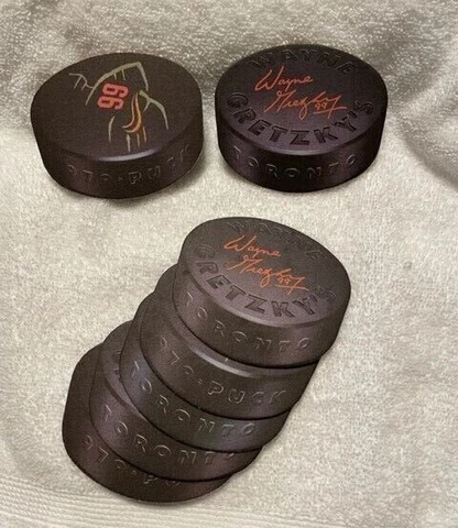1990's Wayne Gretzky Restaurant Hockey Puck Coaster, Goalie Drink Stick Stirrer Cover