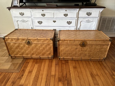 Vintage Hollywood Regency Bamboo Rattan Style Decorative Storage Trunks Large Cover