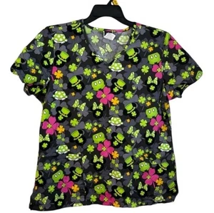 Disney Shamrock Clover Scrubs Top Green Black Clover St Patrick’s Day Colorful - Picture 1 of 4