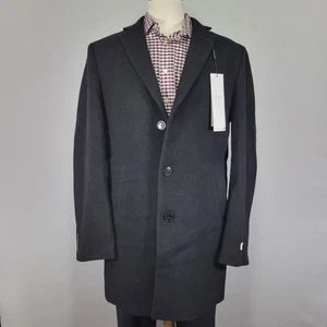 Calvin Klein Men's Flannel Trench Coat Over Coat Black Wool Blend Size 42L - Picture 1 of 17
