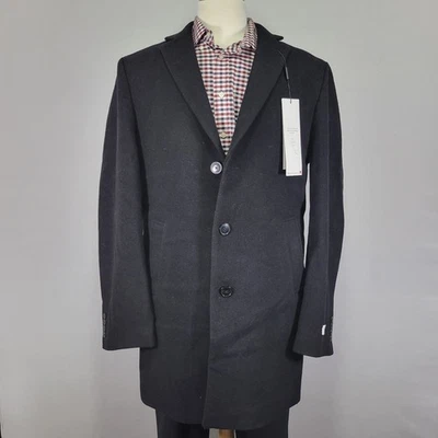 Calvin Klein Men's Flannel Trench Coat Over Coat Black Wool Blend Size 42L - Image 1 of 4