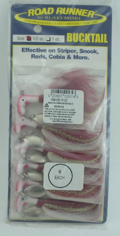 Blakemore 1006-25 Striper BuckTail Road Runner 1/2 oz blanco rojo BuckTail paquete de 6 Foto 1 de 1