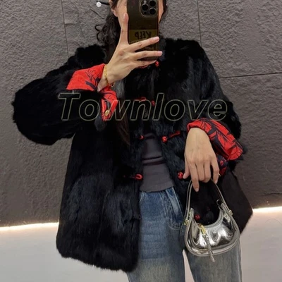 Abrigo de piel de conejo real reversible de doble cara estilo chino para mujer Foto 1 de 4