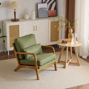 3 Colors Chenille Accent Chair W/ Lumbar Pillow Rattan Arms Oak Lounge Armrests - Picture 1 of 21