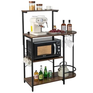 Kitchen Bakers Rack Microwave Stand Coffee Bar w/ Stemware Holder & S-Hooks - Picture 1 of 8