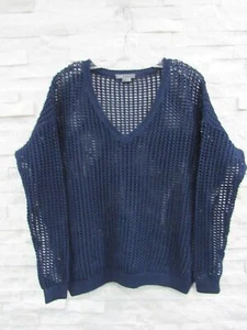 NEW Vince Navy Blue Heavy Cotton Open Loose Knit Oversized V-Neck Sweater S - Picture 1 of 5