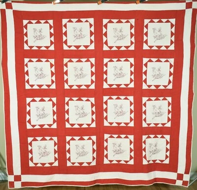 Vibrant Vintage 20's Red & White Birds Antique Quilt ~Nice Sawtooth Borders! - Image 1 of 4