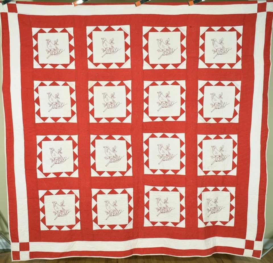Vibrant Vintage 20's Red & White Birds Antique Quilt ~Nice Sawtooth Borders! - Image 1 of 4