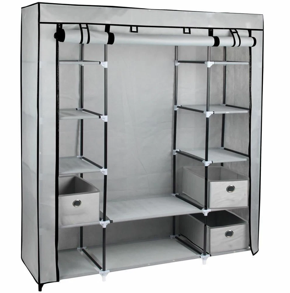 GR8 HOME Large Grey Fabric Canvas Wardrobe With Hanging Rail Shelving Clothes Storage