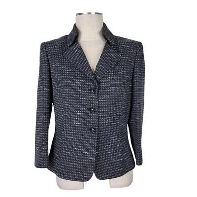 Blazer Tahari Tweed Talla 10 Negro Blanco Manga 3/4 Puños Abertura Cuello Muesca Forrado Foto 1 de 4