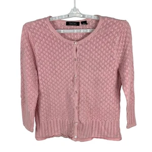 Crystal-Kobe Pink Lace Knit Cardigan XL Ramie & Cotton Blend Womens Sweater - Picture 1 of 6