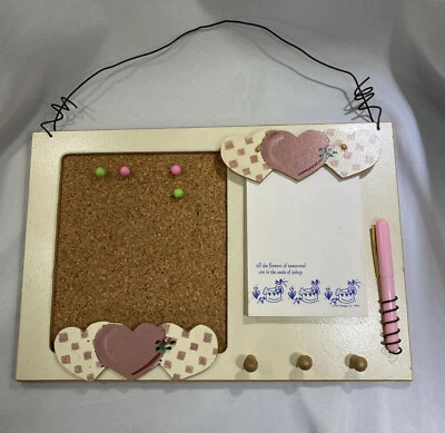 Vintage Wood Message Bulletin Board Cork, Key Pegs & Pad Painted Country Hearts - Image 1 of 4