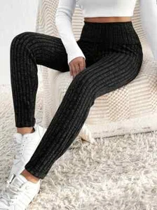 Women's High Waisted Ribbed Skinny Leggings - Black - Picture 1 of 4