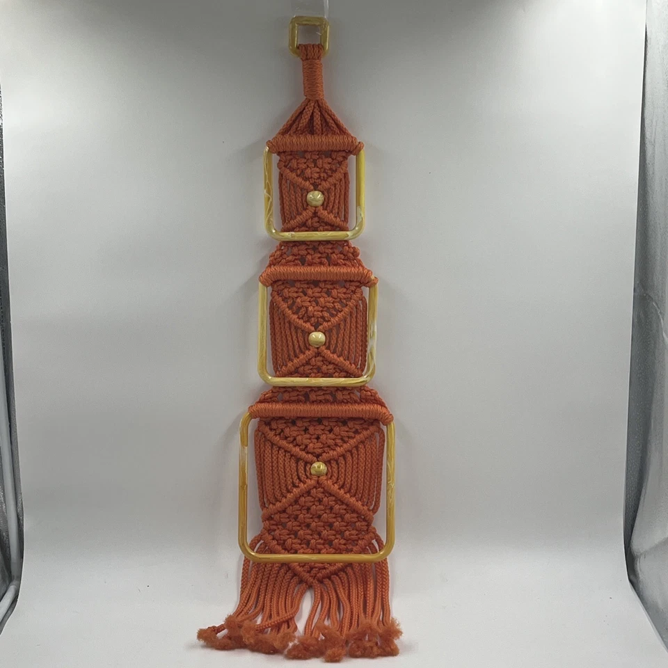 "1 macramé celuloide naranja y naranja vintage raro colgante de pared 36x8"" MCM Foto 1 de 4