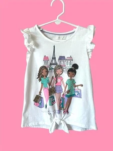 Cynthia Rowley Girls' White Graphic Tee with Ruffle Sleeves Eiffel Tower M (7/8) - Picture 1 of 4