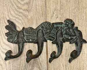 Gusseisen Wand Haken Rack Meerjungfrau & Delfine Strand Haus Wohnkultur 9,75" #2 - Bild 1 von 16