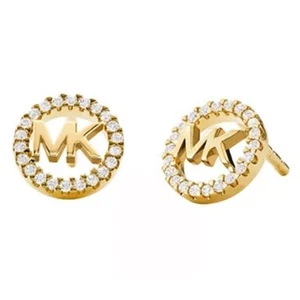 Michael Kors MK Logo Stud Hoop Earrings 14K Gold Vermeil CZ Luxury Trendy Chic - Picture 1 of 14