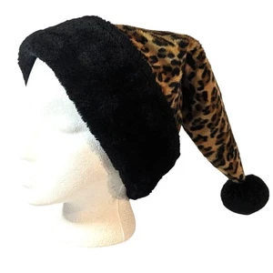 Christmas Leopard Print Santa Hat Black Faux Fur Trim Pom Pom NEW - Picture 1 of 7