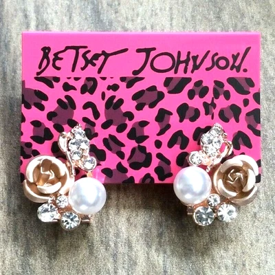 Betsey Johnson Crystal & Pearl Gold Rose Stud Earrings on Leverbacks New Beauty! - Image 1 of 2