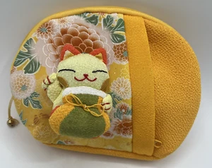 Yellow Japanese Lucky Cat Pouch Bag w/Tiny Jingle Bell Front Zip Pocket - Picture 1 of 11