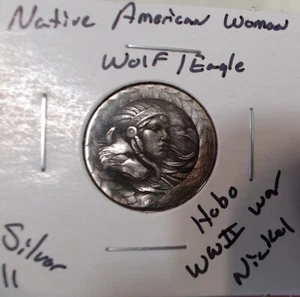 HOBO Native American Woman Wolf Eagle Made From A REAL WWII Silver War Nickel - Picture 1 of 2