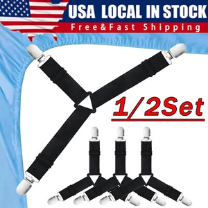 4Bed Sheet Fasteners Adjustable Elastic Suspenders Straps Mattress Covers Clips - Picture 1 of 12