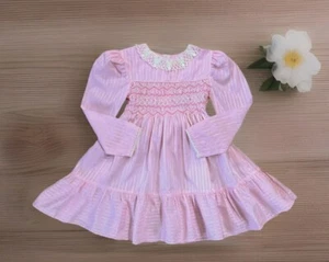 Vintage POLLY FLINDERS Dress Sz 4 Pink Smocked Lace Ruffle Long Sleeve - Picture 1 of 9
