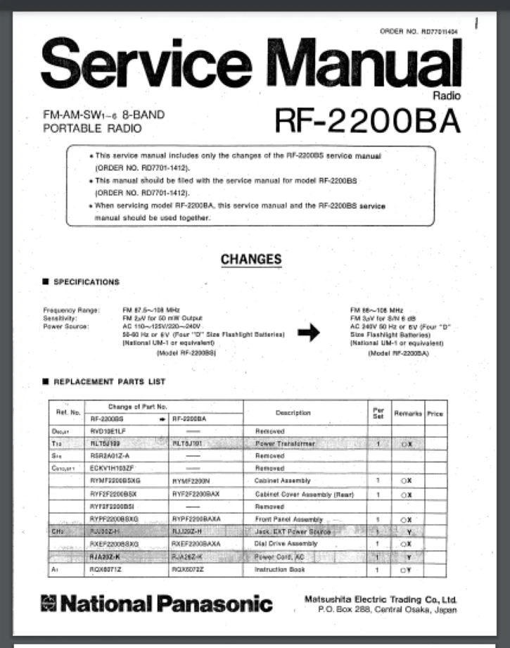 Panasonic RF-2200BA shortwave radio owner manual 28 pages Comb Bound Gloss cover - Image 1 of 1