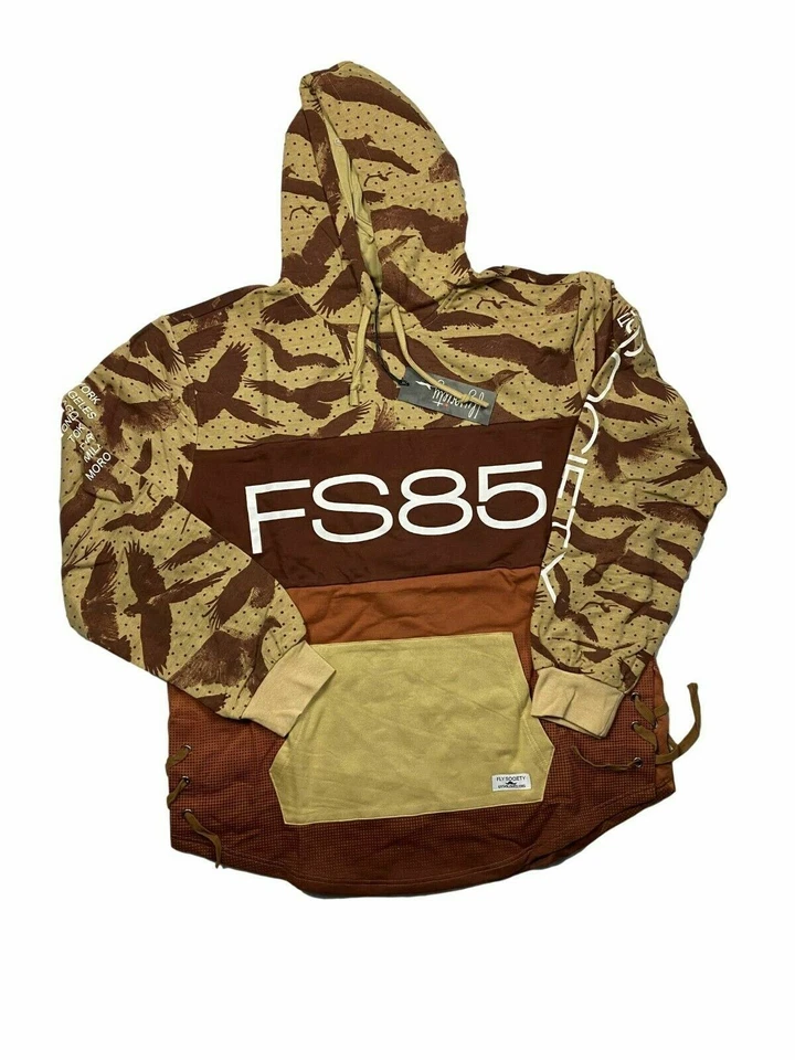 Sudadera con capucha para hombre Fly Society FS85 marrón y beige dobladillo curvo gráfico Foto 1 de 4
