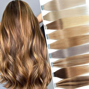 Invisible Tape In Human Hair Extensions Remy Glam Seamless Skin Weft Full Head - Picture 1 of 116