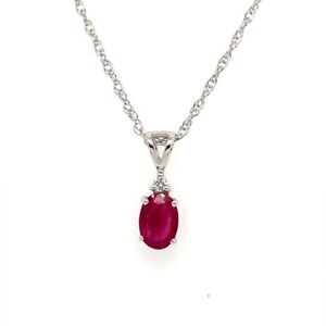 14K WHITE GOLD 6x4mm NATURAL RUBY SOLITAIRE PENDANT 18" NECKLACE #8774
