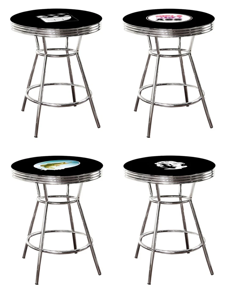 BLACK AND CHROME ROUND BAR TABLE WITH NOVELTY THEME DECAL LOGO W/GLASS OPTION  - Image 1 of 1