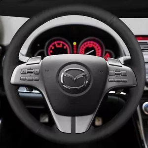 Cubierta de volante de coche personalizada negra transpirable cuero genuino para Mazda 6 - Imagen 1 de 6