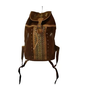Large Backpack Tan Brushed Suede Leather W/ Embroidered Bohemian Print & Studs - Picture 1 of 16