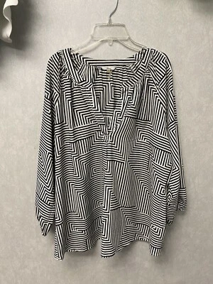 Blusa túnica Milano para mujer negra blanca a rayas cuello en V plisada mangas 3/4 talla L Foto 1 de 4