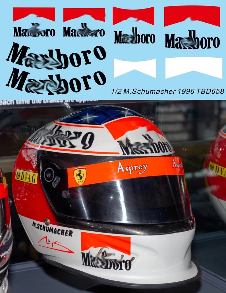 1/2 Decals für Michael Schumacher F1 Helm Casco 1996 TB Decal TBD658  - Bild 1 von 1