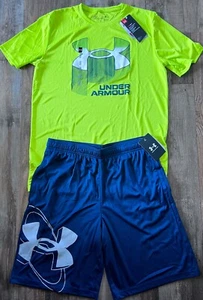 NWT Under Armour Boys YXL Neon Lime Green/Navy/White/Gray BIG LOGO Shorts Set XL - Picture 1 of 5