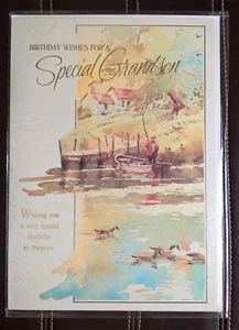 Biglietto Auguri Compleanno Per Un Nipote Speciale 8x11" Barca Pesca Stampa Acquerello - Foto 1 di 7