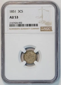 1851 Silver Three-Cent Piece AU 53 NGC US COIN - Picture 1 of 4