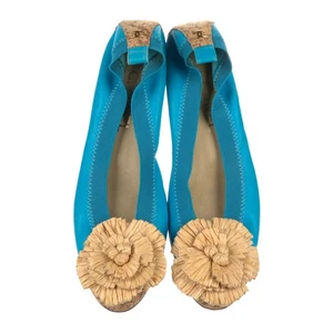 CHANEL 2012 Camellia Blue Leather Cork Cap Toe CC Logo Ballet Flats IT 37.5 C - Picture 1 of 16