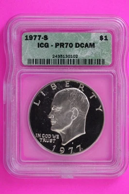 1977 S PR 70 Deep Cameo Clad Ike Eisenhower Dollar ICG Certified Graded 334 - Image 1 of 3