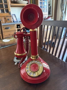 1970's Candlestick Telephone: Rotary Dial Reproduction Retro Phone, Bright Red - Picture 1 of 5