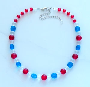 Collar Náutico Vidrio Esmerilado Cuentas Rojo Blanco Azul 4 Julio Playa Plata - Imagen 1 de 3