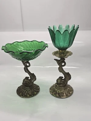 Juego de 2 pedestales vintage de metal y vidrio de compota Koi Dragon Pez verde esmerilado Foto 1 de 4