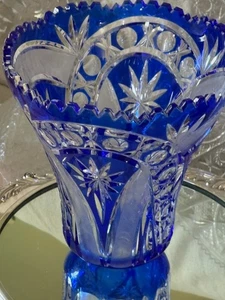 Jarrón antiguo grande azul cobalto corte a cristal transparente - 8 pulgadas de diámetro. - Imagen 1 de 10