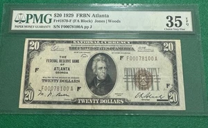 $20 1929 FRBN Atlanta Fr#1870-F (FA Block) S/N F00078100 A PMG 35 - Picture 1 of 4
