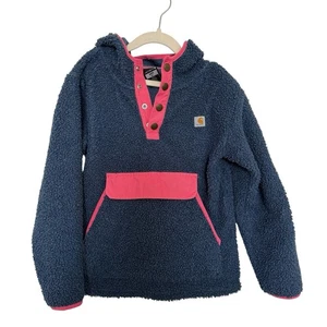 Carhartt Youth Girls Pullover Size Small Snap Button Teddy Hoodie Blue Pink - Picture 1 of 6